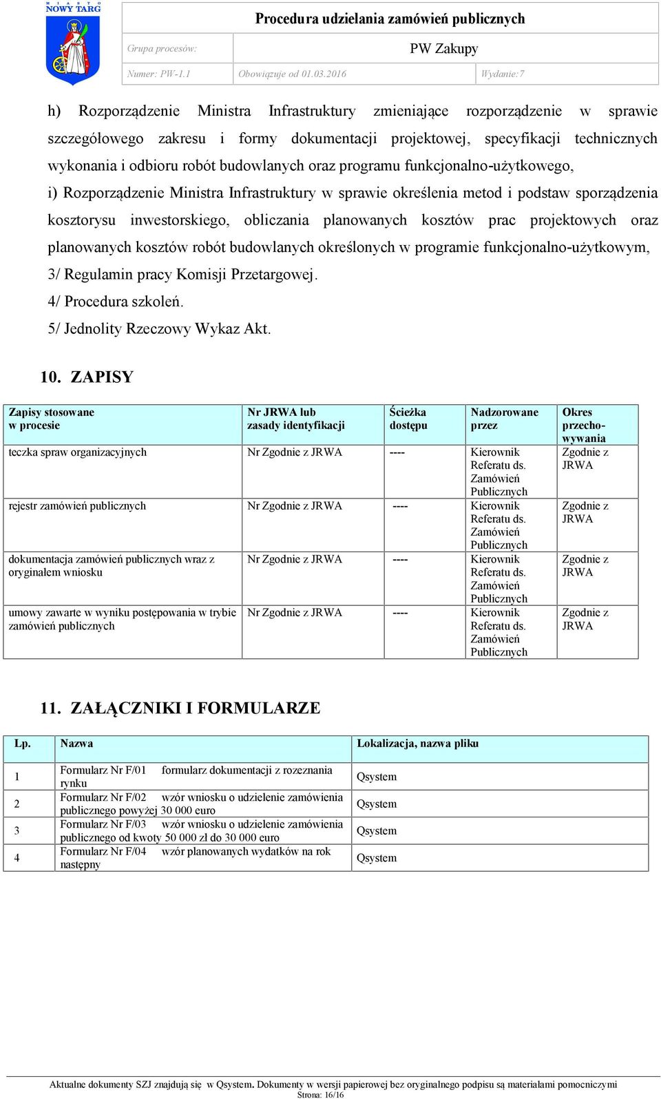 projektowych oraz planowanych kosztów robót budowlanych określonych w programie funkcjonalno-użytkowym, 3/ Regulamin pracy Komisji Przetargowej. 4/ Procedura szkoleń. 5/ Jednolity Rzeczowy Wykaz Akt.