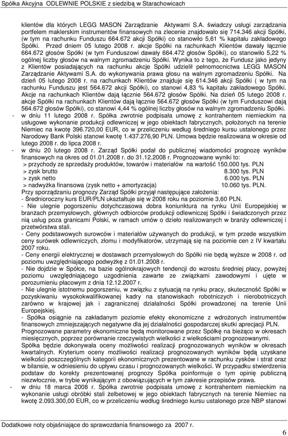 akcje Spółki na rachunkach Klientów dawały łącznie 664.672 głosów Spółki (w tym Funduszowi dawały 664.472 głosów Spółki), co stanowiło 5,22 % ogólnej liczby głosów na walnym zgromadzeniu Spółki.