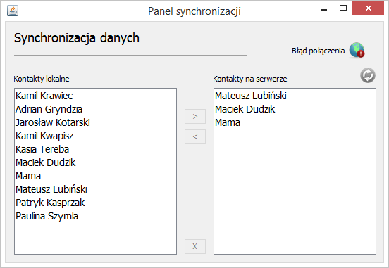 się na serwerze. Odblokują się również wtedy przyciski pozwalające na import/eksport pojedynczych kontaktów z/na serwer.