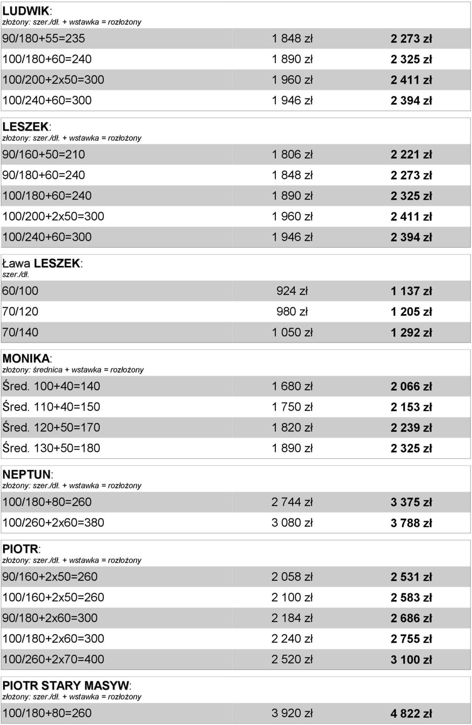 + wstawka = rozłożony 90/160+50=210 90/180+60=240 100/180+60=240 100/200+2x50=300 100/240+60=300 1 848 zł 2 273 zł 1 890 zł 2 325 zł 1 960 zł 2 411 zł 1 946 zł 2 394 zł 1 806 zł 2 221 zł 1 848 zł 2