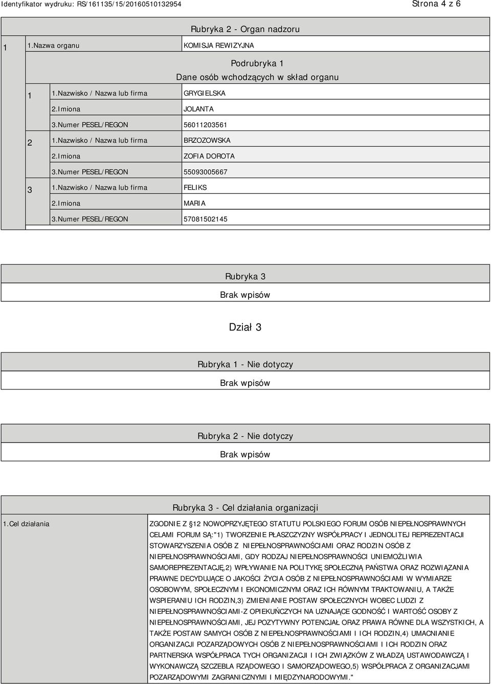 Numer PESEL/REGON 57081502145 Rubryka 3 Dział 3 Rubryka 1 - Nie dotyczy Rubryka 2 - Nie dotyczy Rubryka 3 - Cel działania organizacji 1.