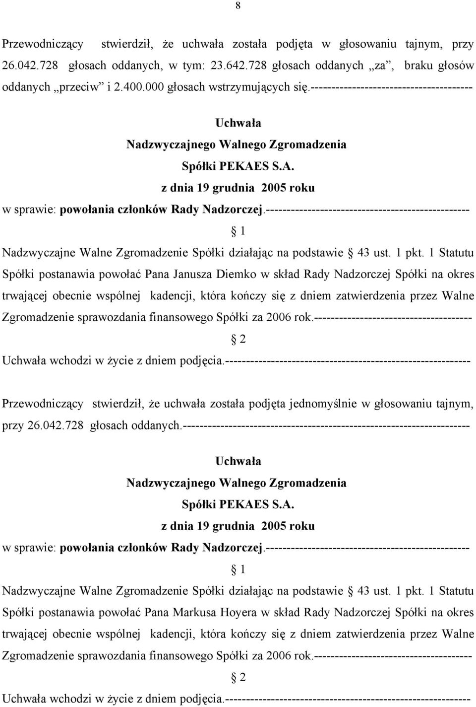 S S.A. z dnia 19 grudnia 2005 roku w sprawie: powołania członków Rady Nadzorczej.
