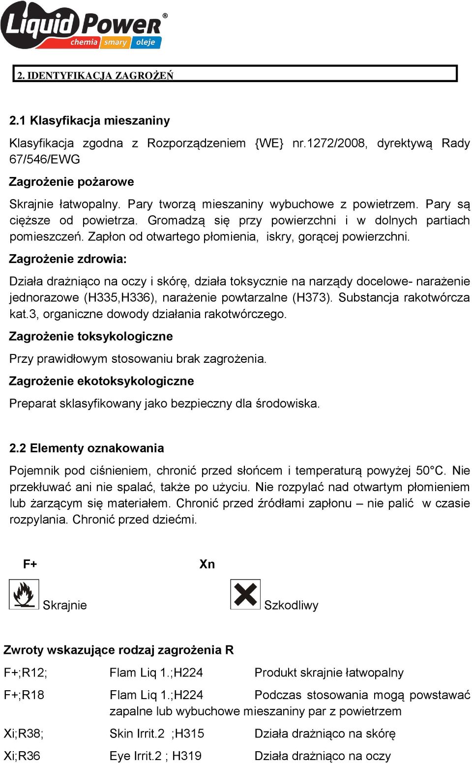 Zagrożenie zdrowia: Działa drażniąco na oczy i skórę, działa toksycznie na narządy docelowe- narażenie jednorazowe (H335,H336), narażenie powtarzalne (H373). Substancja rakotwórcza kat.