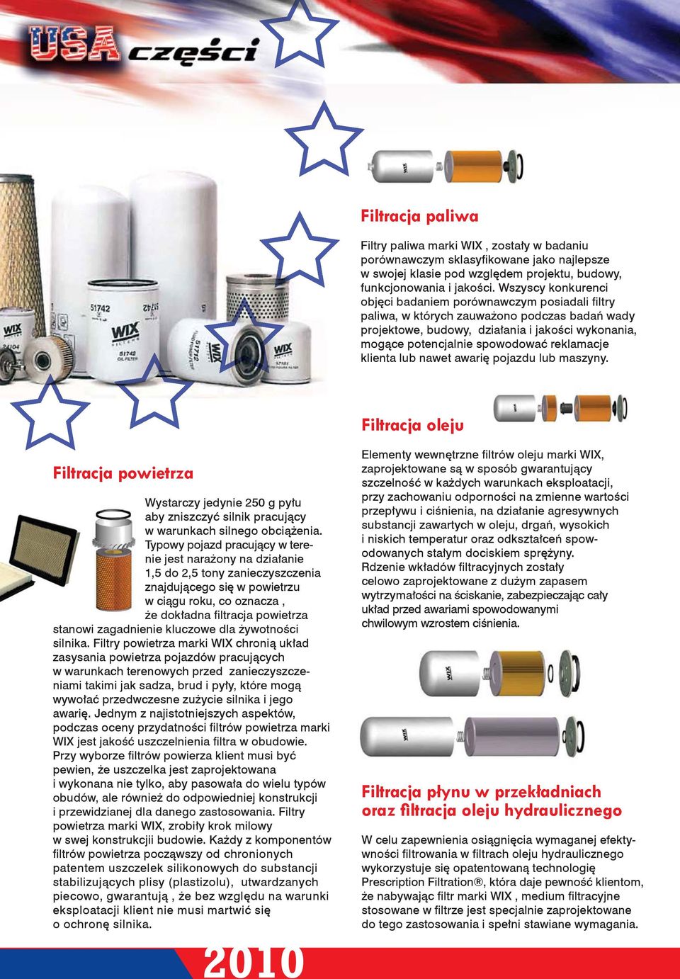 reklamacje klienta lub nawet awarię pojazdu lub maszyny. Filtracja oleju Filtracja powietrza Wystarczy jedynie 250 g pyłu aby zniszczyć silnik pracujący w warunkach silnego obciążenia.