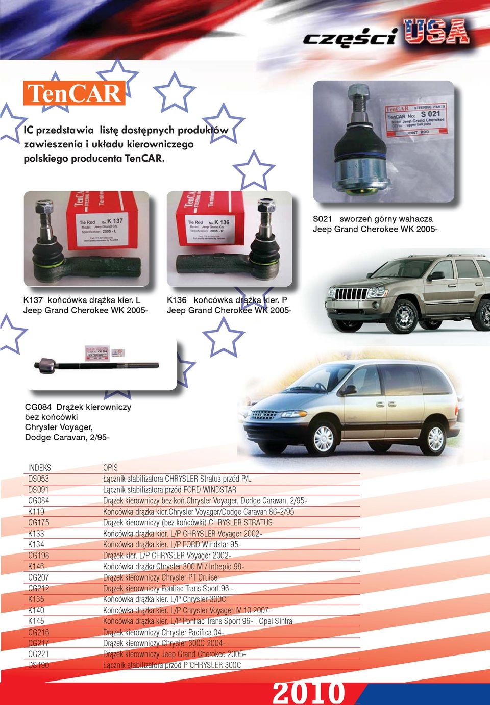 P Jeep Grand Cherokee WK 2005- CG084 Drążek kierowniczy bez końcówki Chrysler Voyager, Dodge Caravan, 2/95- INDEKS OPIS DS053 Łącznik stabilizatora CHRYSLER Stratus przód P/L DS091 Łącznik