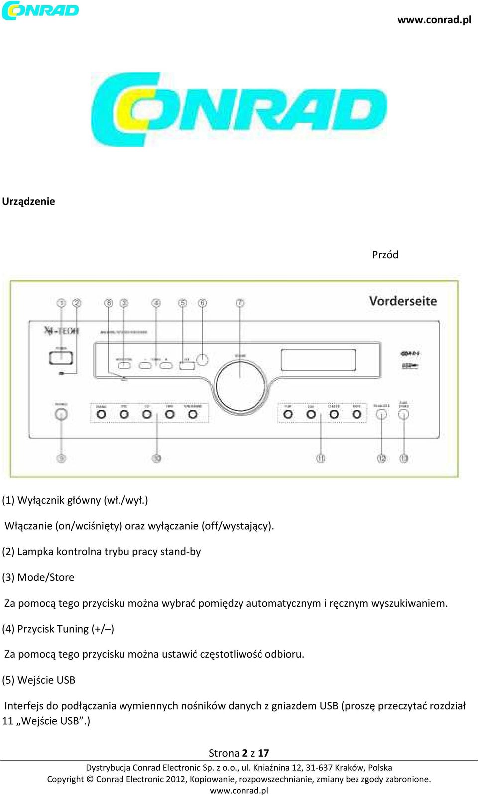 ręcznym wyszukiwaniem. (4) Przycisk Tuning (+/ ) Za pomocą tego przycisku można ustawić częstotliwość odbioru.