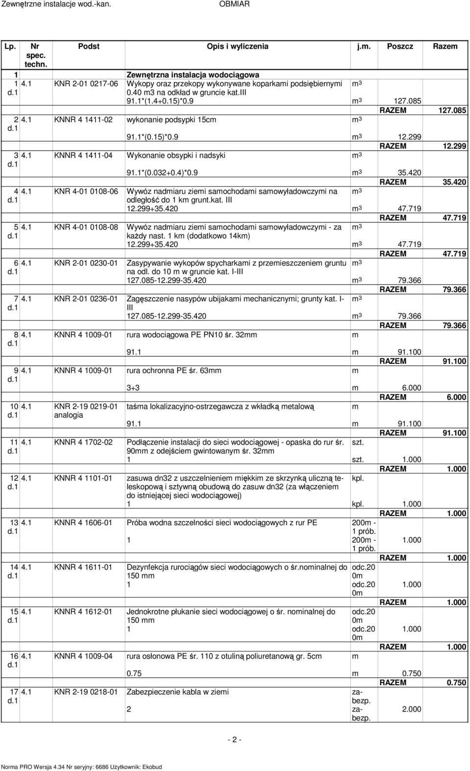 1 KNNR 4 1411-04 Wykonanie obsypki i nadsyki m 3 91.1*(0.032+0.4)*0.9 m 3 35.420 RAZEM 35.420 4 4.1 KNR 4-01 0108-06 Wywóz nadmiaru ziemi samochodami samowyładowczymi na m 3 12.299+35.420 m 3 47.