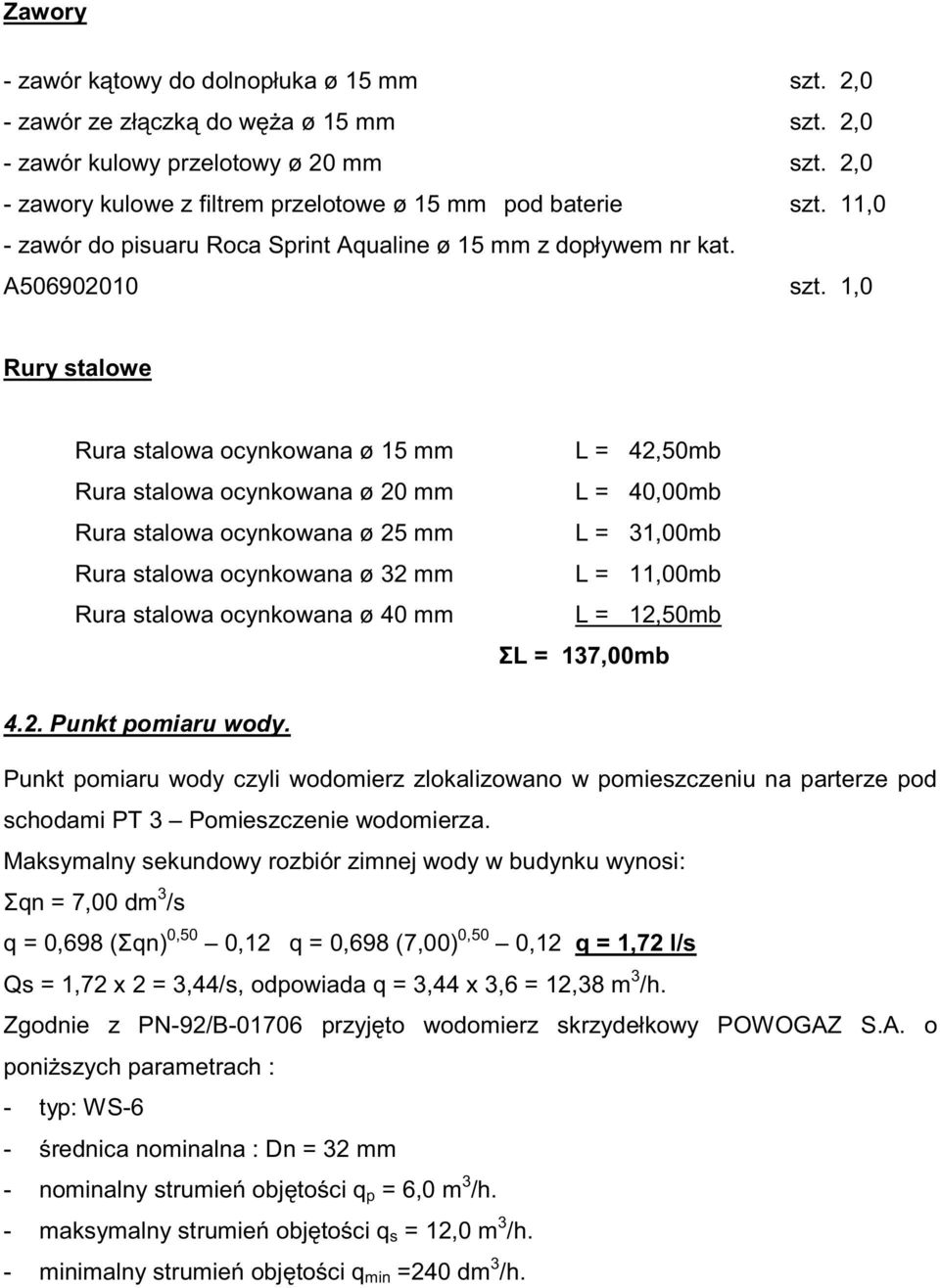 1,0 Rury stalowe Rura stalowa ocynkowana ø 15 mm Rura stalowa ocynkowana ø 20 mm Rura stalowa ocynkowana ø 25 mm Rura stalowa ocynkowana ø 32 mm Rura stalowa ocynkowana ø 40 mm L = 42,50mb L =