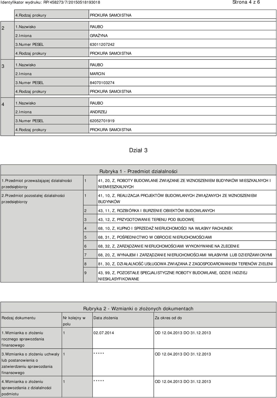 Przedmiot pozostałej działalności przedsiębiorcy 1 41, 20, Z, ROBOTY BUDOWLANE ZWIĄZANE ZE WZNOSZEM BUDYNKÓW MIESZKALNYCH I MIESZKALNYCH 1 41, 10, Z, REALIZACJA PROJEKTÓW BUDOWLANYCH ZWIĄZANYCH ZE