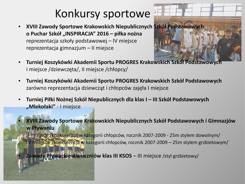 Podstawowych zarówno reprezentacja dziewcząt i chłopców zajęła I miejsce Turniej Piłki Nożnej Szkół Niepublicznych dla klas I III Szkół Podstawowych Mlekołaki - I miejsce XVIII Zawody Sportowe