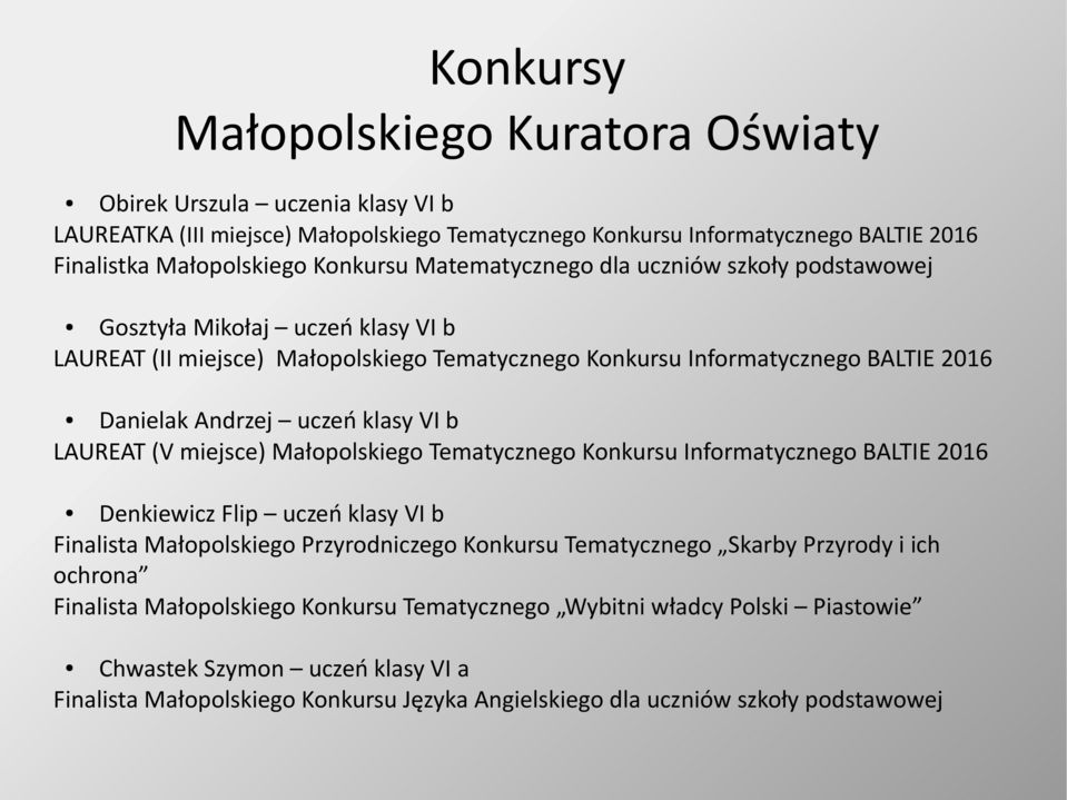 LAUREAT (V miejsce) Małopolskiego Tematycznego Konkursu Informatycznego BALTIE 2016 Denkiewicz Flip uczeń klasy VI b Finalista Małopolskiego Przyrodniczego Konkursu Tematycznego Skarby Przyrody i ich