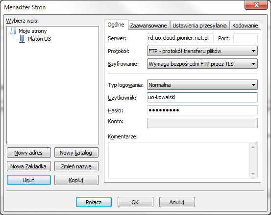 2. W oknie Menadżer Stron klikamy Nowy adres i wpisujemy parametry tak jak na rysunku: a) Serwer: rd.uo.cloud.pionier.net.