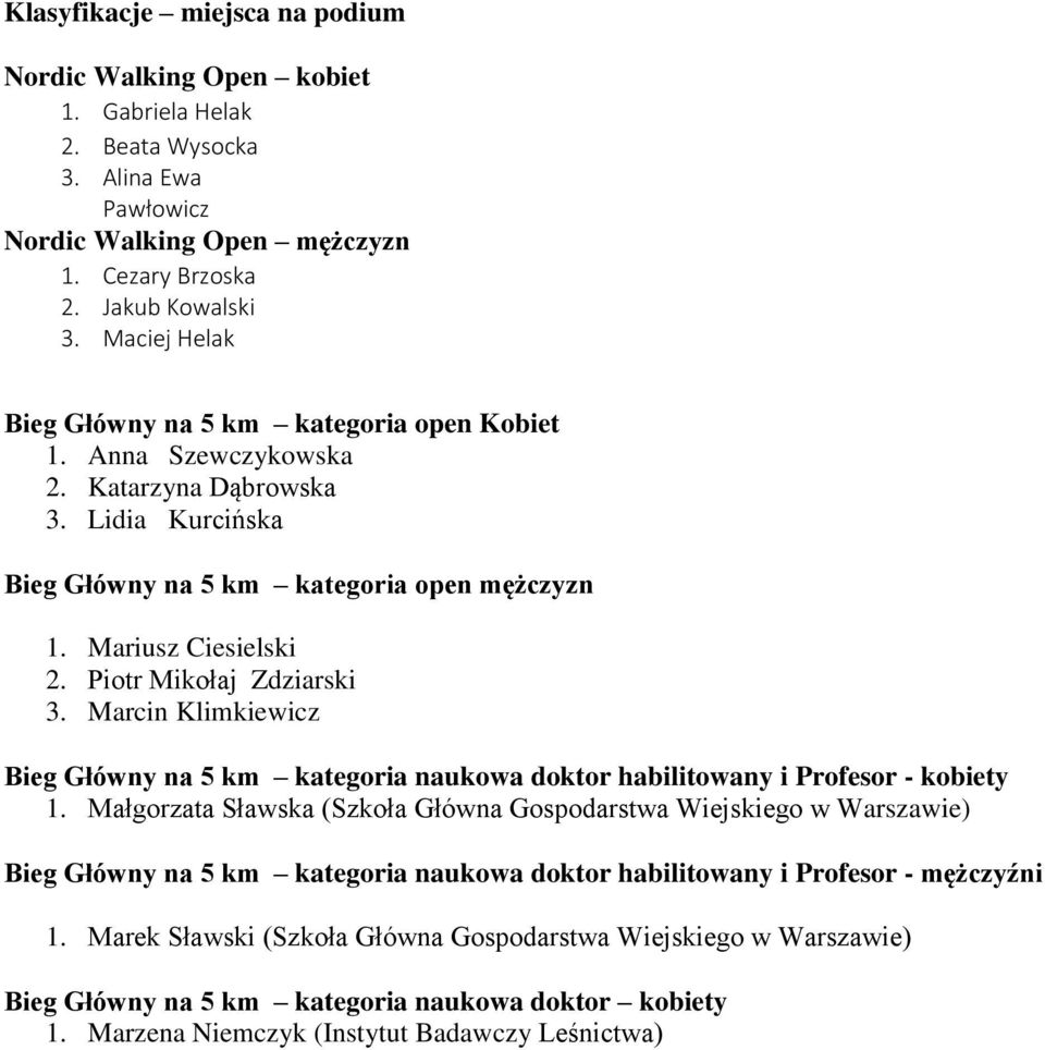 Piotr Mikołaj Zdziarski 3. Marcin Klimkiewicz Bieg Główny na 5 km kategoria naukowa doktor habilitowany i Profesor - kobiety 1.