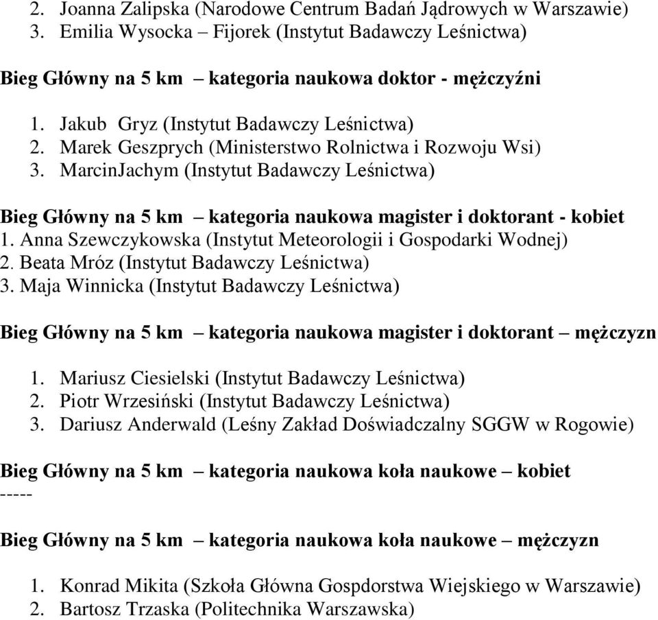 Marcin Jachym (Instytut Badawczy Leśnictwa) Bieg Główny na 5 km kategoria naukowa magister i doktorant - kobiet 1. Anna Szewczykowska (Instytut Meteorologii i Gospodarki Wodnej) 2.