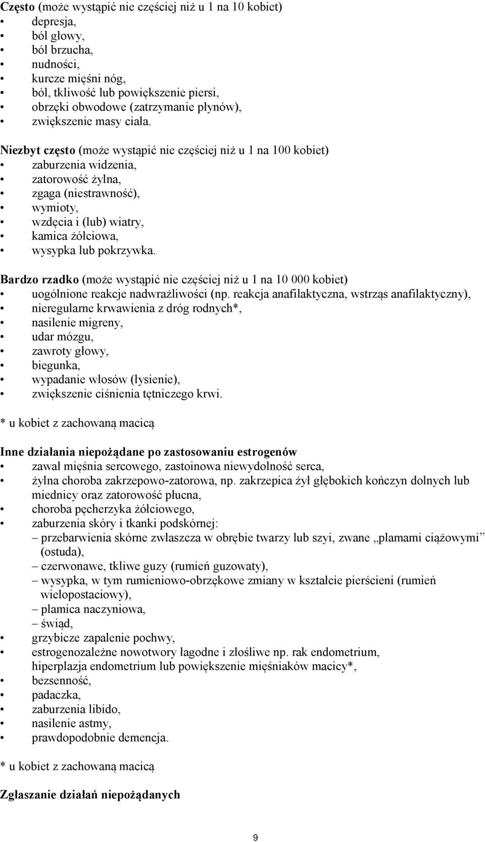 Niezbyt często (może wystąpić nie częściej niż u 1 na 100 kobiet) zaburzenia widzenia, zatorowość żylna, zgaga (niestrawność), wymioty, wzdęcia i (lub) wiatry, kamica żółciowa, wysypka lub pokrzywka.