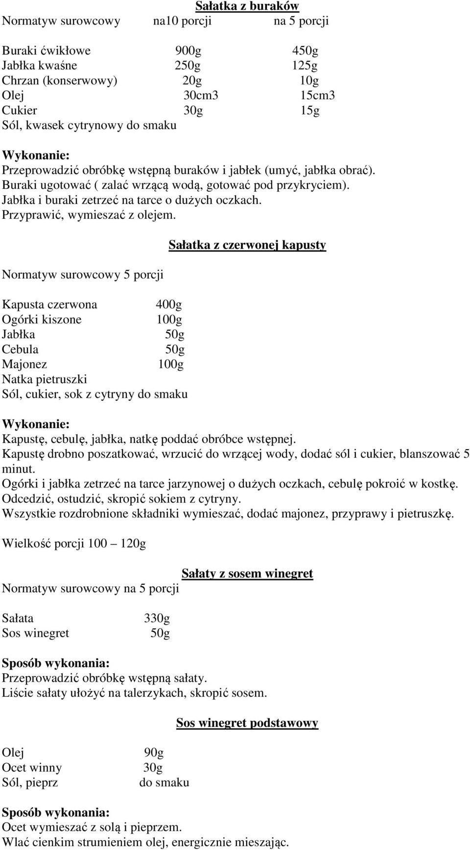 5 porcji Kapusta czerwona 400g Ogórki kiszone Jabłka Majonez Natka pietruszki, cukier, sok z cytryny Sałatka z czerwonej kapusty Kapustę, cebulę, jabłka, natkę poddać obróbce wstępnej.