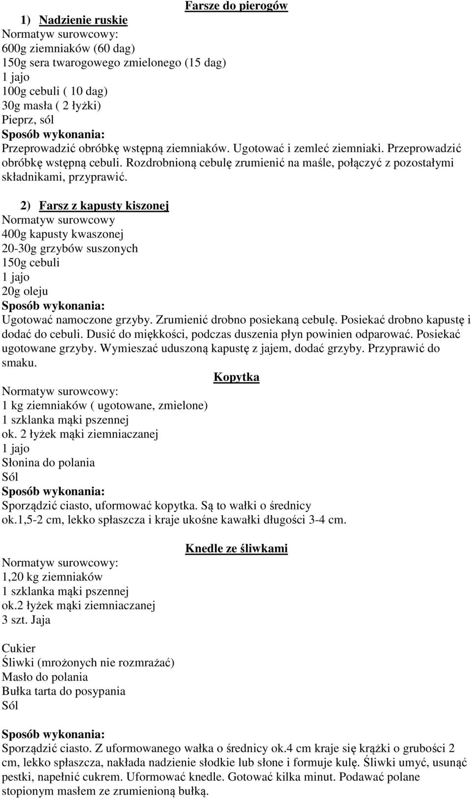 2) Farsz z kapusty kiszonej 400g kapusty kwaszonej 20-30g grzybów suszonych 1 cebuli 1 jajo 20g oleju Ugotować namoczone grzyby. Zrumienić drobno posiekaną cebulę.