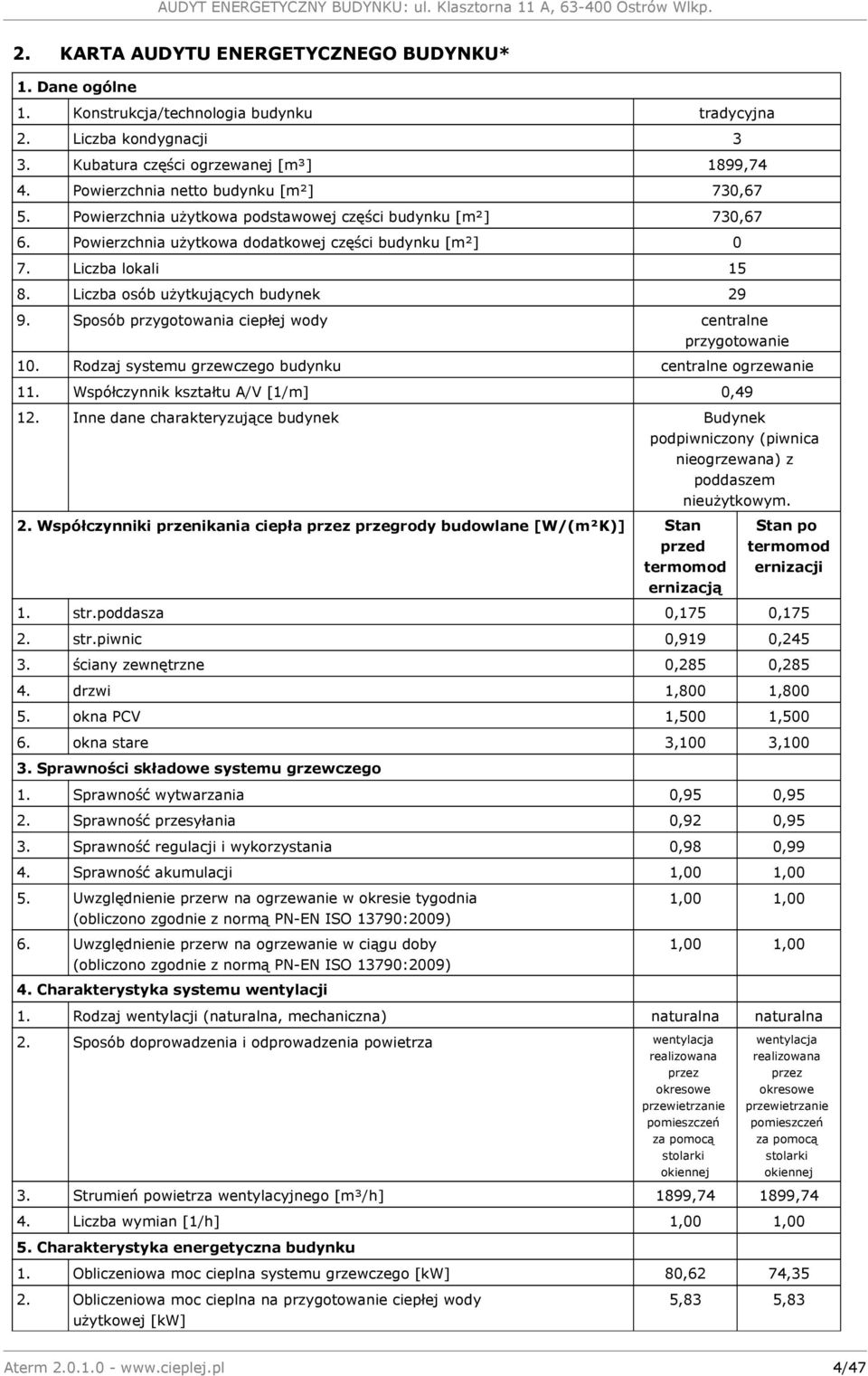 Liczba osób użytkujących budynek 29 9. Sposób przygotowania ciepłej wody centralne przygotowanie 10. Rodzaj systemu grzewczego budynku centralne ogrzewanie 11. Współczynnik kształtu A/V [1/m] 0,49 12.