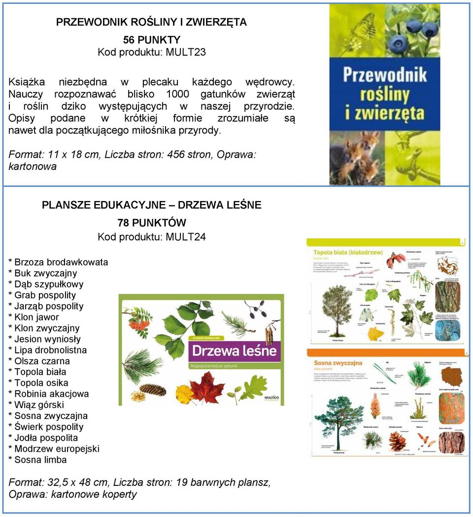 Format: 11 x 18 cm, Liczba stron: 456 stron, Oprawa: kartonowa PLANSZE EDUKACYJNE DRZEWA LEŚNE * Brzoza brodawkowata * Buk zwyczajny * Dąb szypułkowy * Grab pospolity * Jarząb pospolity * Klon jawor