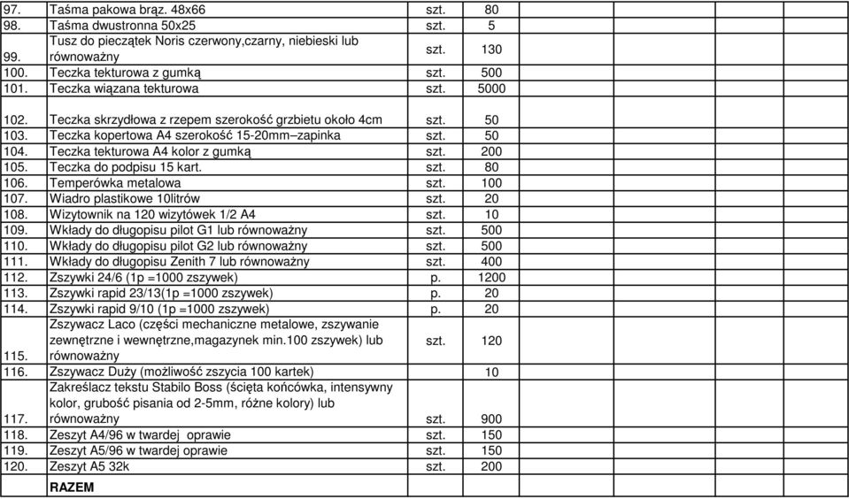 Teczka tekturowa A4 kolor z gumką szt. 200 105. Teczka do podpisu 15 kart. szt. 80 106. Temperówka metalowa szt. 100 107. Wiadro plastikowe 10litrów szt. 20 108.