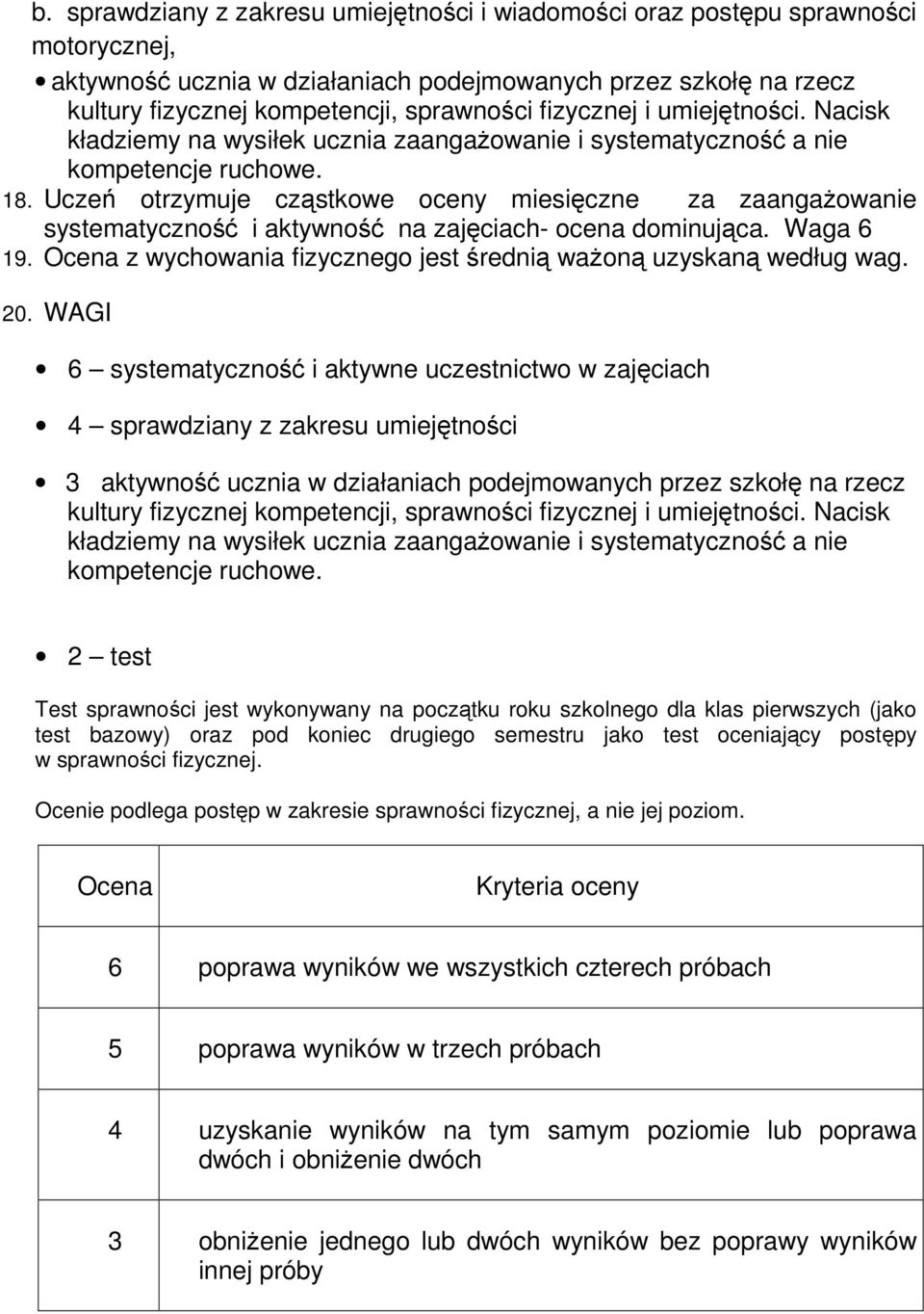 Uczeń otrzymuje cząstkowe oceny miesięczne za zaangaŝowanie systematyczność i aktywność na zajęciach- ocena dominująca. Waga 6 19.