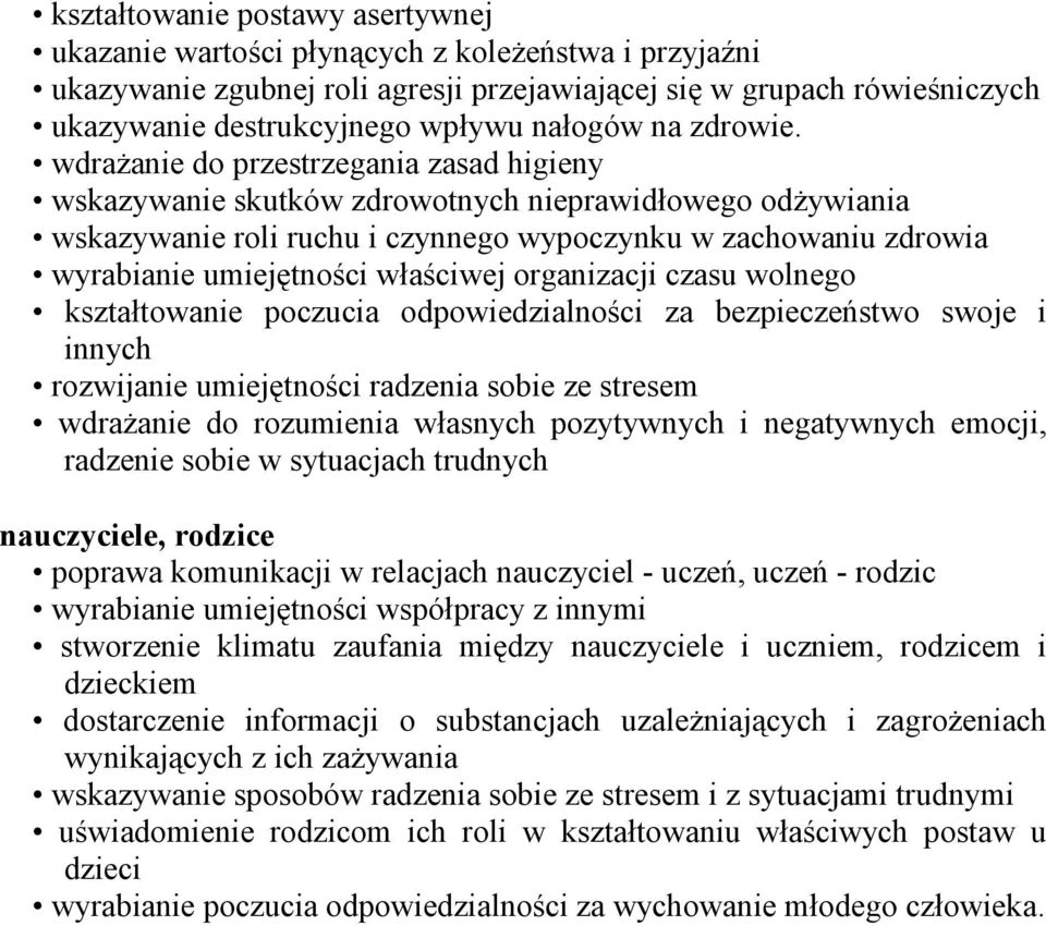 wdraŝanie do przestrzegania zasad higieny wskazywanie skutków zdrowotnych nieprawidłowego odŝywiania wskazywanie roli ruchu i czynnego wypoczynku w zachowaniu zdrowia wyrabianie umiejętności