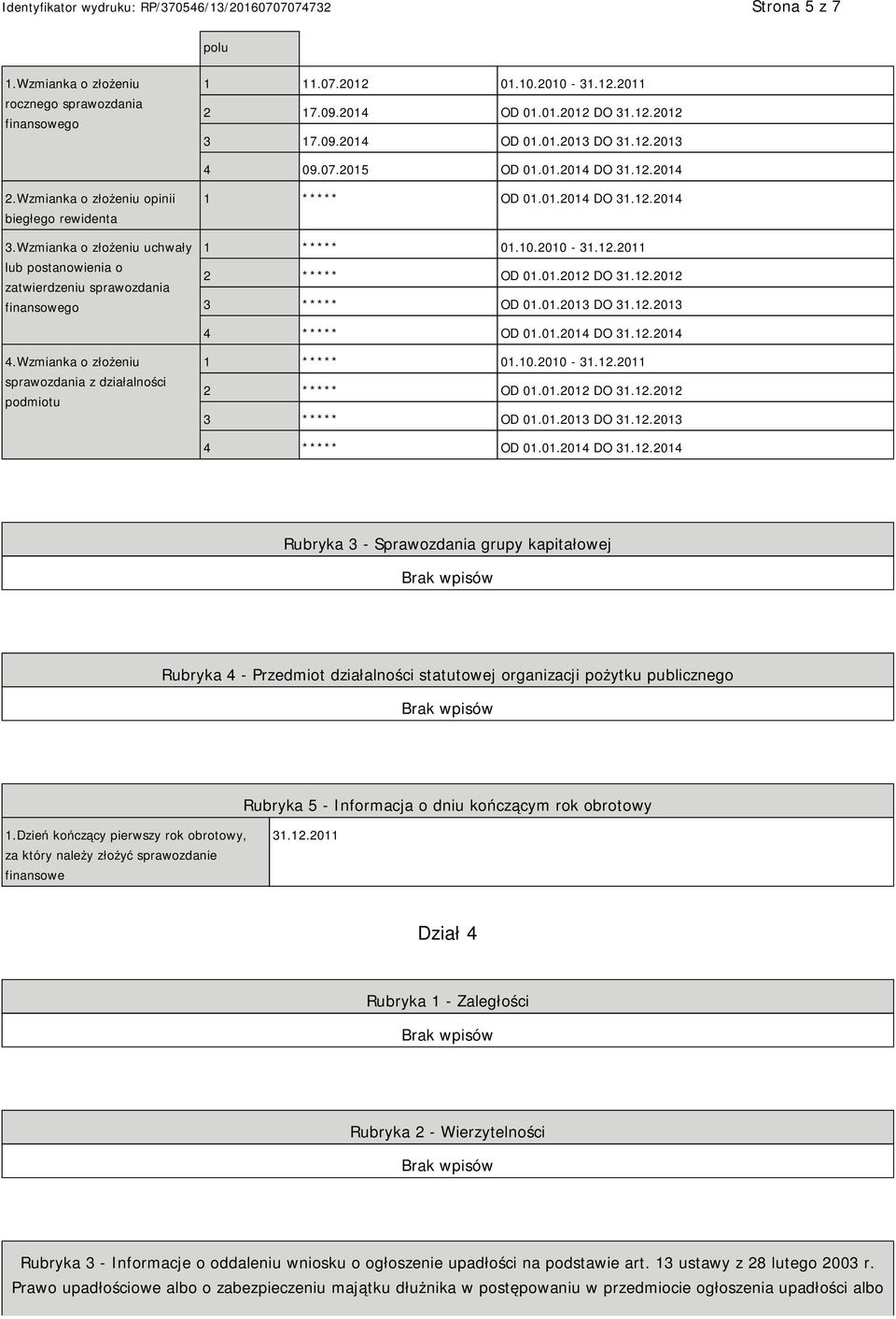 10.2010-31.12.2011 2 ***** OD 01.01.2012 DO 31.12.2012 3 ***** OD 01.01.2013 DO 31.12.2013 4 ***** OD 01.01.2014 DO 31.12.2014 4.Wzmianka o złożeniu sprawozdania z działalności podmiotu 1 ***** 01.10.2010-31.12.2011 2 ***** OD 01.01.2012 DO 31.12.2012 3 ***** OD 01.01.2013 DO 31.12.2013 4 ***** OD 01.01.2014 DO 31.12.2014 Rubryka 3 - Sprawozdania grupy kapitałowej Rubryka 4 - Przedmiot działalności statutowej organizacji pożytku publicznego Rubryka 5 - Informacja o dniu kończącym rok obrotowy 1.