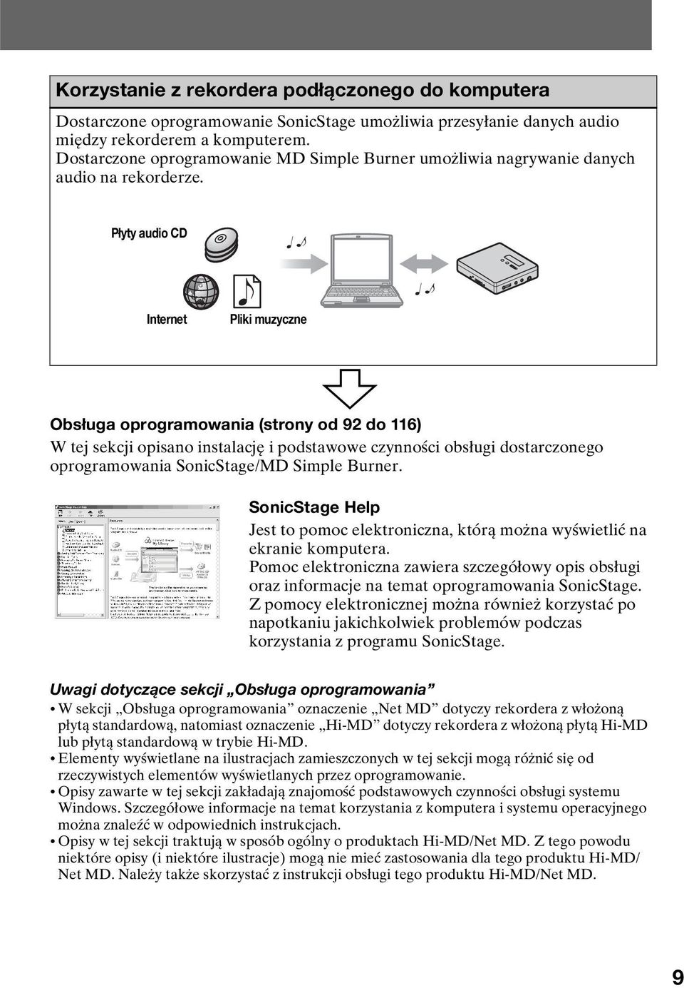 Płyty audio CD Internet Pliki muzyczne Obsługa oprogramowania (strony od 92 do 116) W tej sekcji opisano instalację i podstawowe czynności obsługi dostarczonego oprogramowania SonicStage/MD Simple