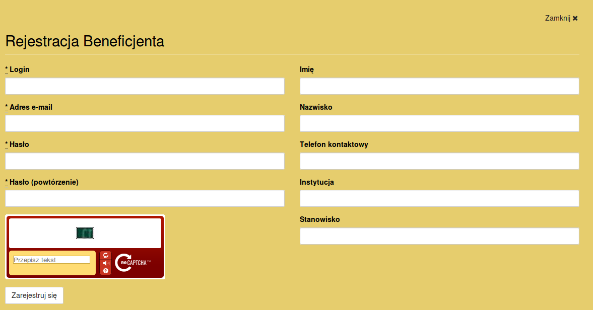 3. Rejestracja Aby zarejestrować nowego beneficjenta należy kliknąć ikonkę : Pojawi się formularz rejestracji beneficjenta : Login nazwa użytkownika potrzebna do