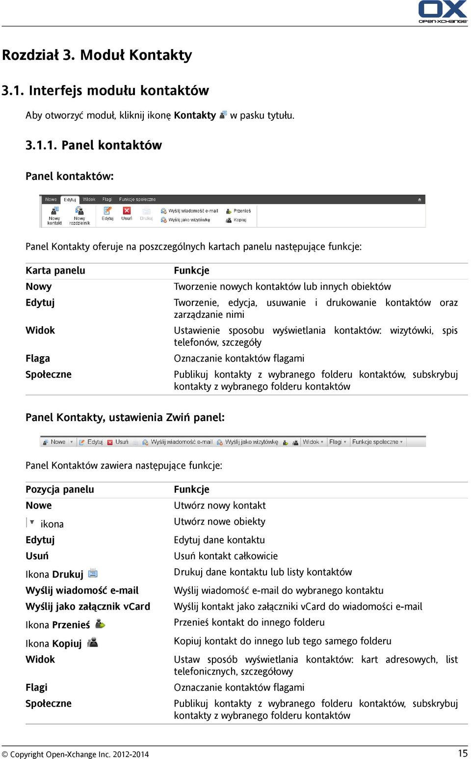 1. Panel kontaktów Panel kontaktów: Panel Kontakty oferuje na poszczególnych kartach panelu następujące funkcje: Karta panelu Nowy Edytuj Widok Flaga Społeczne Funkcje Tworzenie nowych kontaktów lub