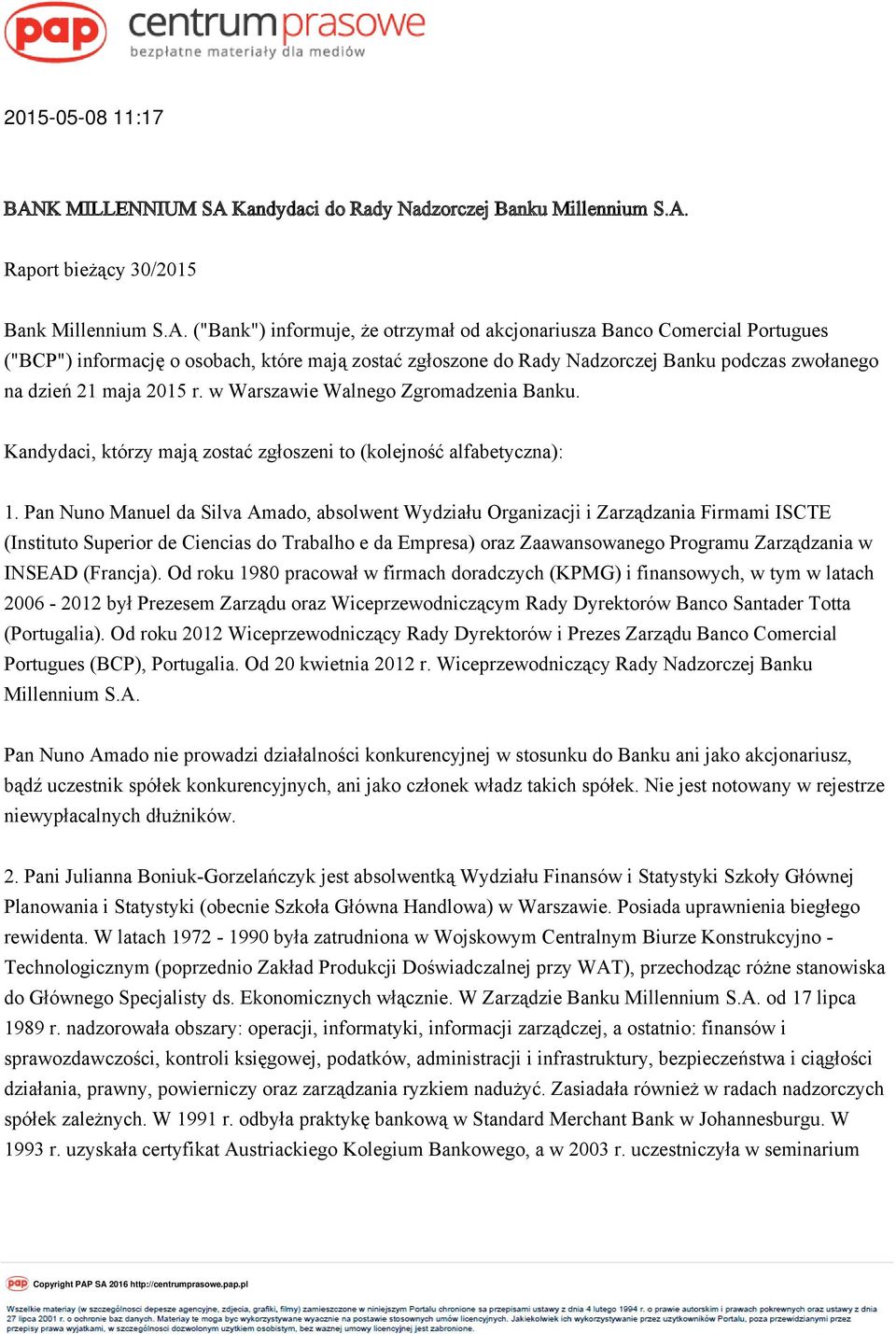 Kandydaci do Rady Nadzorczej Banku Millennium S.A.
