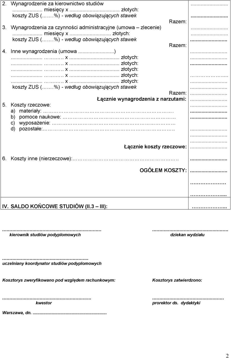 %) - według obowiązujących stawek Razem: Razem: Razem: Łącznie wynagrodzenia z narzutami: 5. Koszty rzeczowe: a) materiały:. b) pomoce naukowe: c) wyposażenie: d) pozostałe:.. Łącznie koszty rzeczowe:.