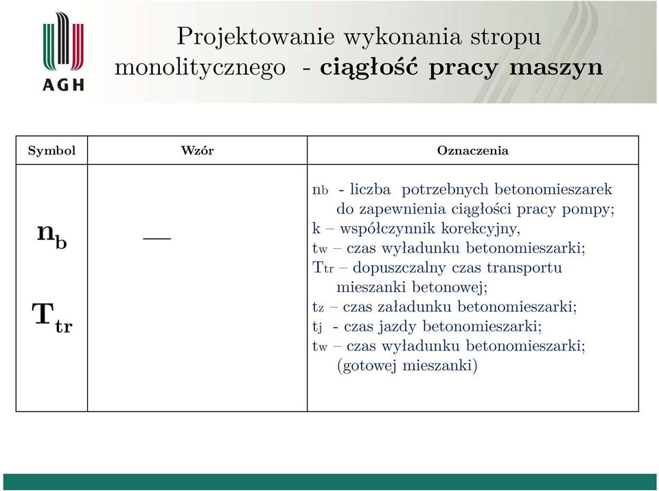 współczynnik korekcyjny, w czas wyładunku beonomieszarki; Tr dopuszczalny czas ransporu mieszanki