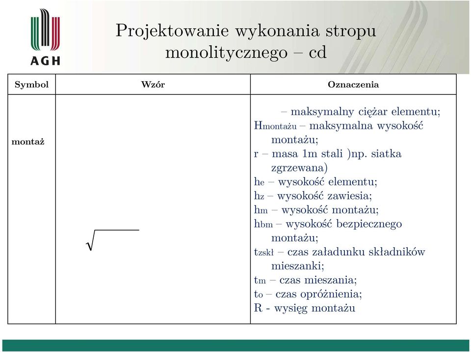 wysokość monażu; r masa 1m sali )np.