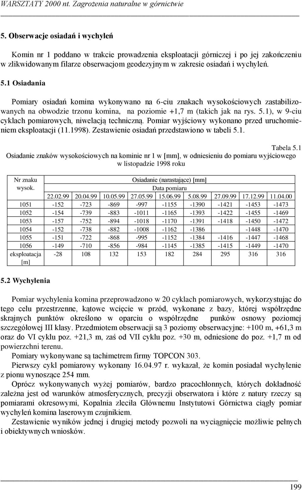 1), w 9-ciu cyklach pomiarowych, niwelacją techniczną. Pomiar wyjściowy wykonano przed uruchomieniem eksploatacji (11.1998). Zestawienie osiadań przedstawiono w tabeli 5.1. Tabela 5.