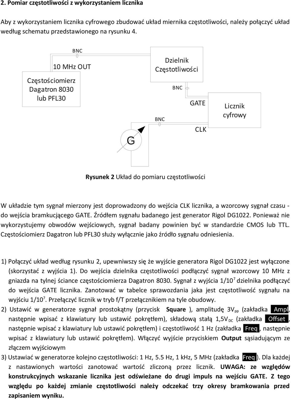 wejścia CLK licznika, a wzorcowy sygnał czasu - do wejścia bramkucjącego GATE. Źródłem sygnału badanego jest generator Rigol DG1022.