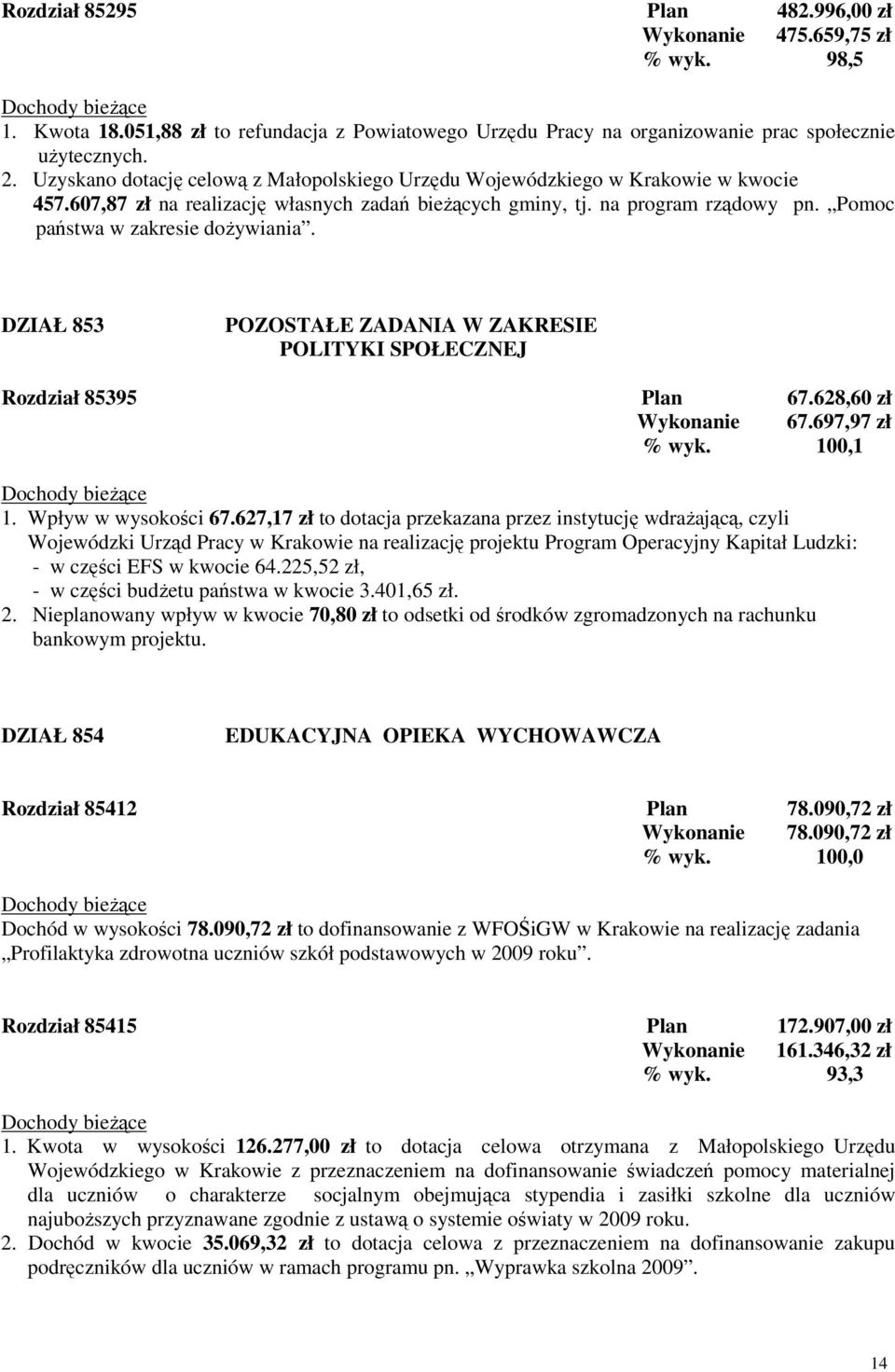 Pomoc państwa w zakresie dożywiania. DZIAŁ 853 POZOSTAŁE ZADANIA W ZAKRESIE POLITYKI SPOŁECZNEJ Rozdział 85395 Plan 67.628,60 zł Wykonanie 67.697,97 zł % wyk. 100,1 1. Wpływ w wysokości 67.