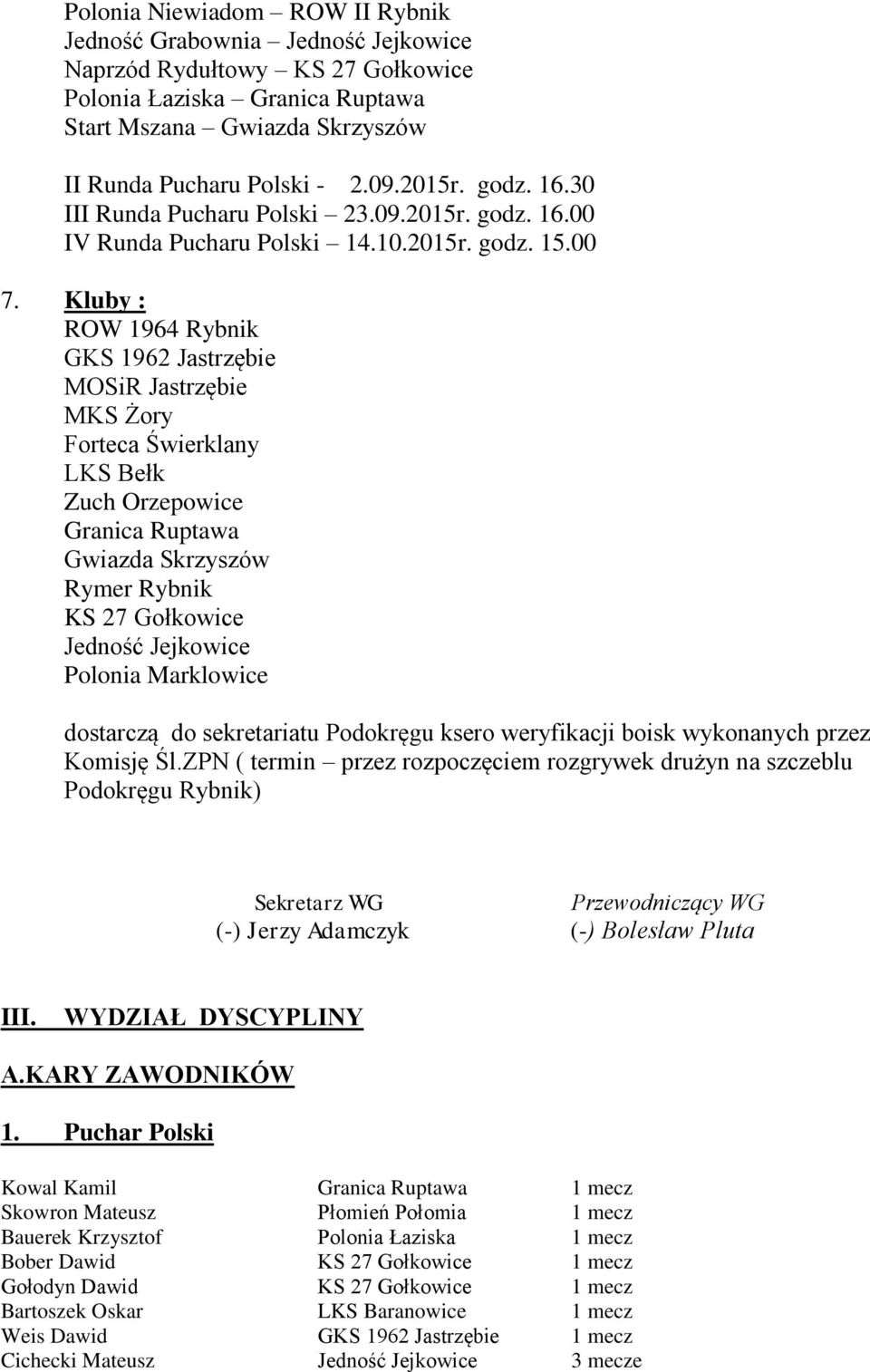 Kluby : ROW 1964 Rybnik GKS 1962 Jastrzębie MOSiR Jastrzębie MKS Żory Forteca Świerklany LKS Bełk Zuch Orzepowice Granica Ruptawa Gwiazda Skrzyszów Rymer Rybnik KS 27 Gołkowice Jedność Jejkowice