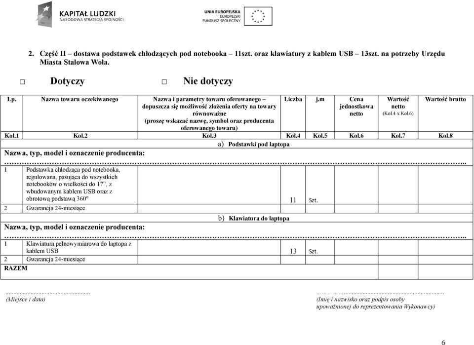 m Cena jednostkowa Wartość (Kol.4 x Kol.6) Wartość brutto Kol.1 Kol.2 Kol.3 Kol.4 Kol.5 Kol.6 Kol.7 Kol.