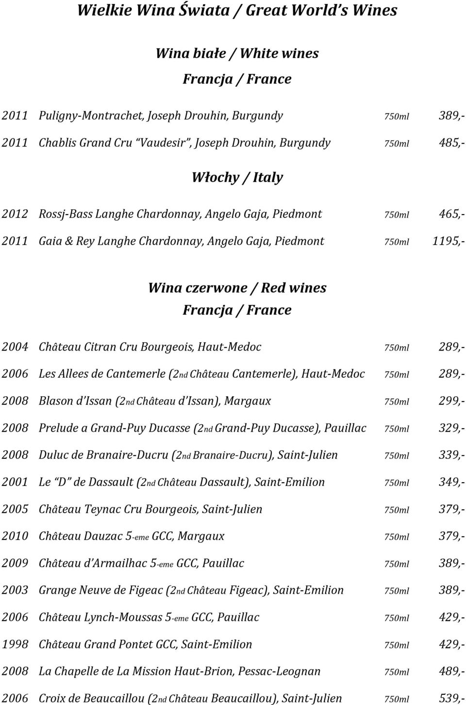 wines Francja / France 2004 Château Citran Cru Bourgeois, Haut-Medoc 750ml 289,- 2006 Les Allees de Cantemerle (2nd Château Cantemerle), Haut-Medoc 750ml 289,- 2008 Blason d Issan (2nd Château d