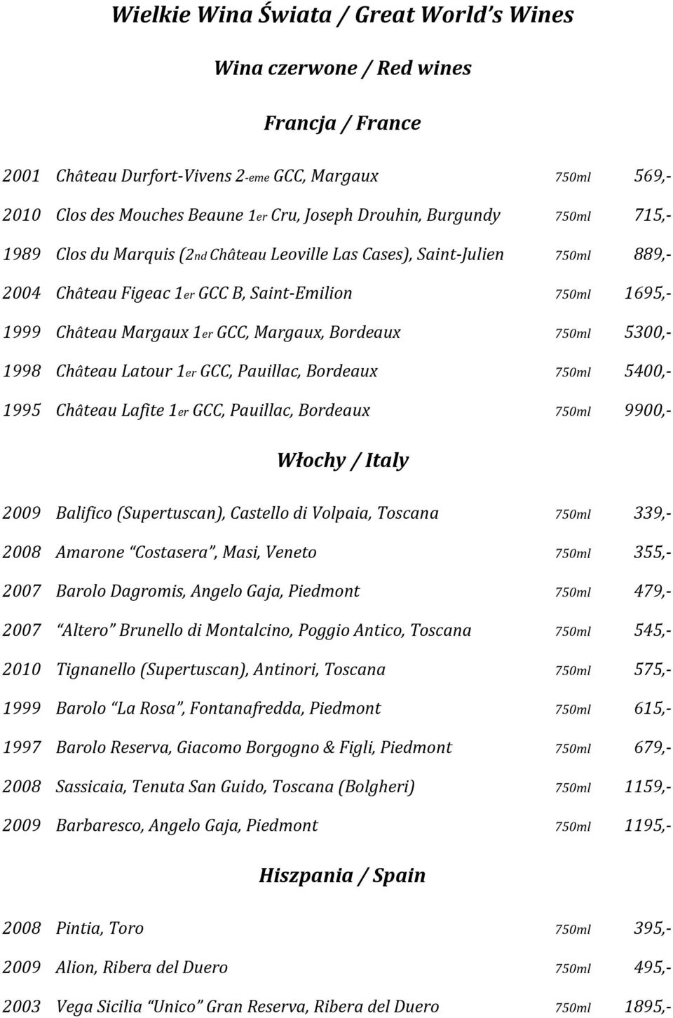 Bordeaux 750ml 5300,- 1998 Château Latour 1er GCC, Pauillac, Bordeaux 750ml 5400,- 1995 Château Lafite 1er GCC, Pauillac, Bordeaux 750ml 9900,- Włochy / Italy 2009 Balifico (Supertuscan), Castello di