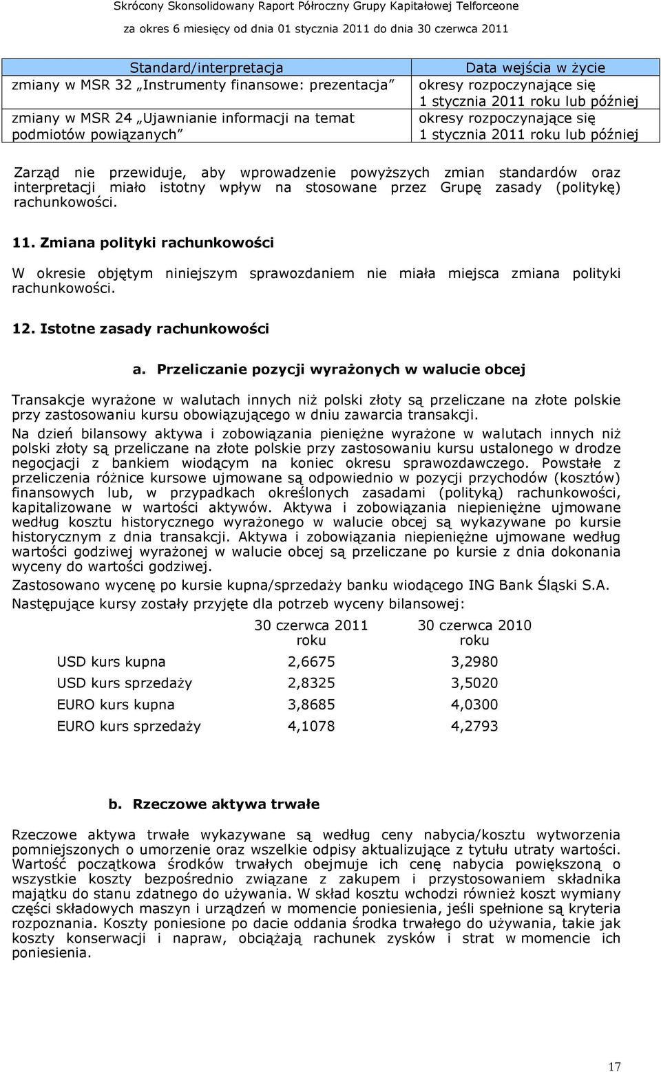 stosowane przez Grupę zasady (politykę) rachunkowości. 11. Zmiana polityki rachunkowości W okresie objętym niniejszym sprawozdaniem nie miała miejsca zmiana polityki rachunkowości. 12.