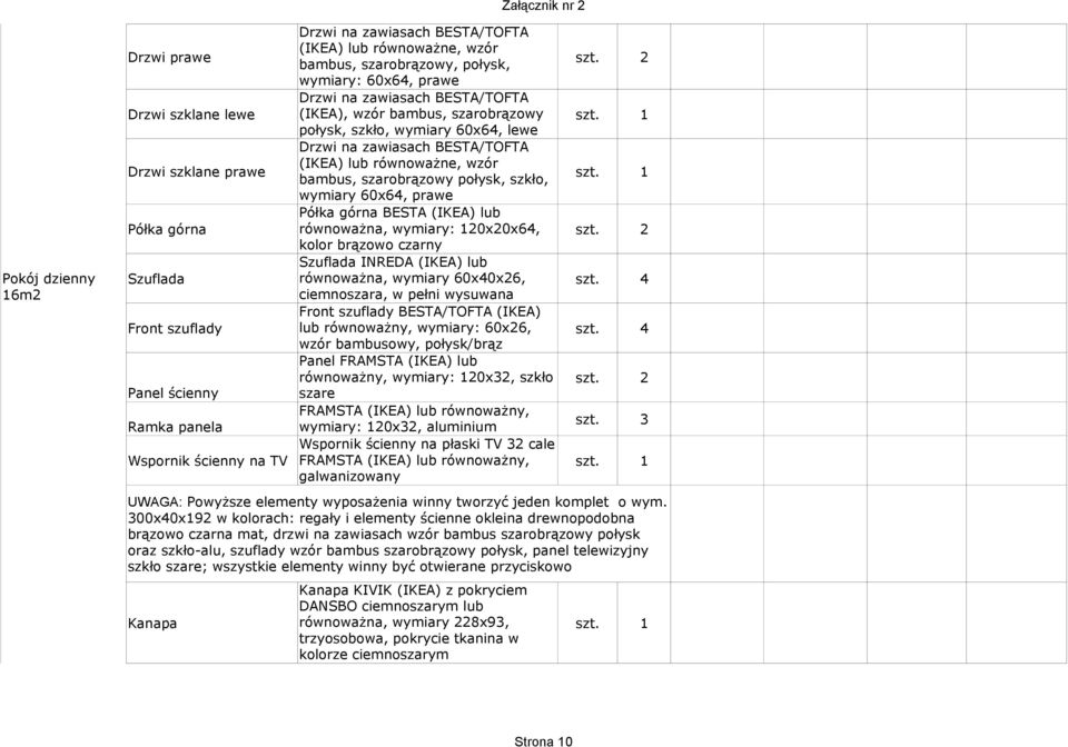 Półka górna BESTA (IKEA) lub Półka górna równoważna, wymiary: 120x20x64, kolor brązowo czarny Szuflada INREDA (IKEA) lub Szuflada równoważna, wymiary 60x40x26, szt.