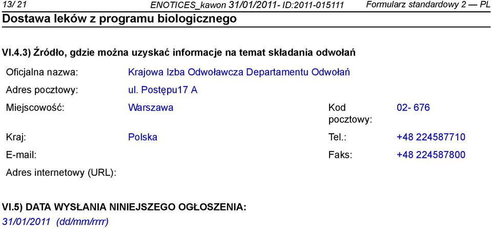 Krajowa Izba Odwoławcza Departamentu Odwołań ul.