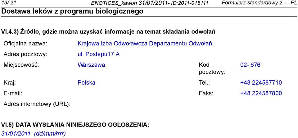 Krajowa Izba Odwoławcza Departamentu Odwołań ul.