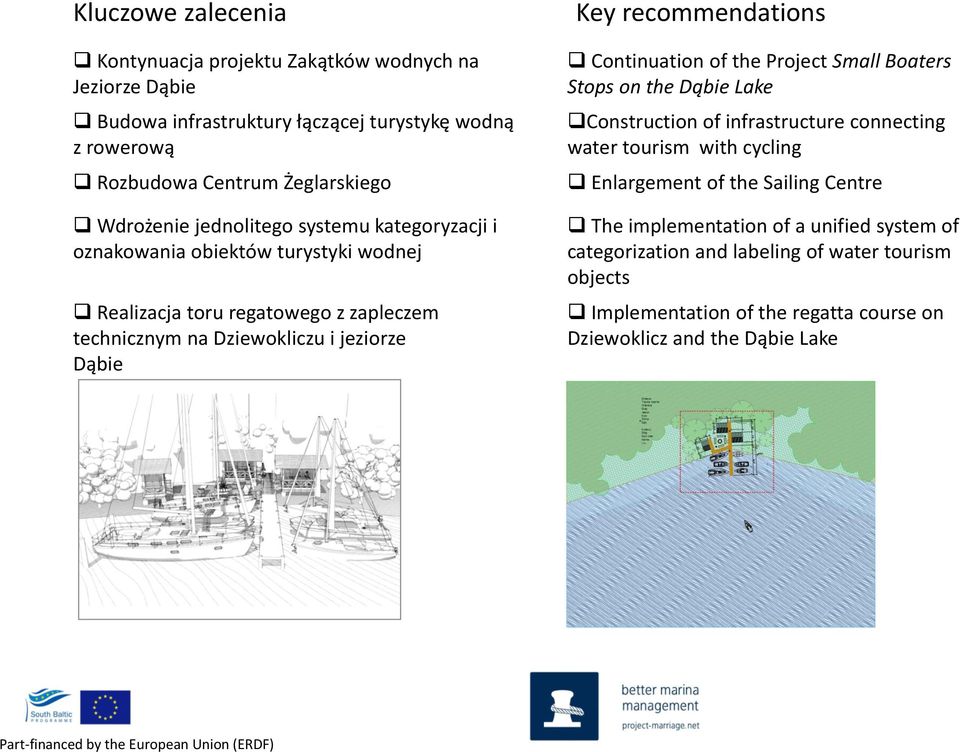 recommendations Continuation of the Project Small Boaters Stops on the Dąbie Lake Construction of infrastructure connecting water tourism with cycling Enlargement of the