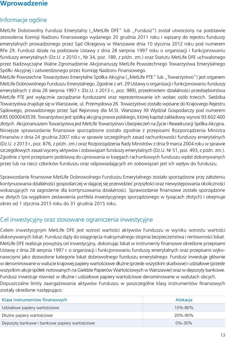 Fundusz działa na podstawie Ustawy z dnia 28 sierpnia 1997 roku o organizacji i funkcjonowaniu funduszy emerytalnych (Dz.U. z 2010 r., Nr 34, poz. 189, z późn. zm.
