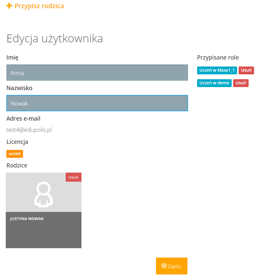 3.3. Edytowanie użytkowników Aby zmienić dane dowolnego użytkownika, należy: przejść do zakładki Użytkownicy, na liście użytkowników odnaleźć i kliknąć kafelek odpowiedniego użytkownika, w formularzu