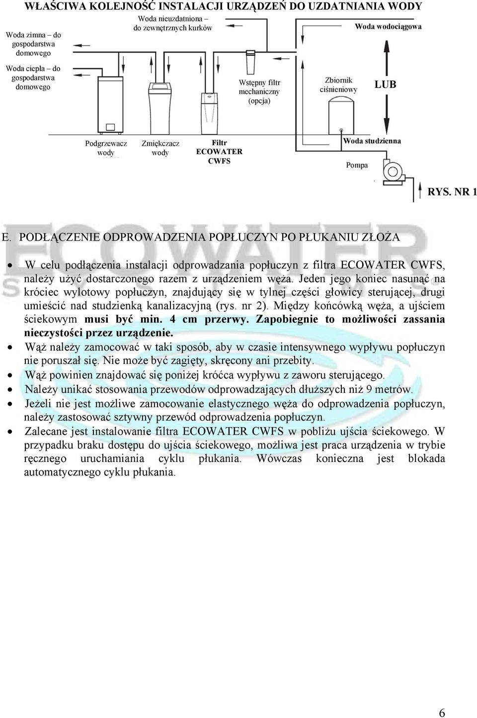 PODŁĄCZENIE ODPROWADZENIA POPŁUCZYN PO PŁUKANIU ZŁOŻA W celu podłączenia instalacji odprowadzania popłuczyn z filtra ECOWATER CWFS, należy użyć dostarczonego razem z urządzeniem węża.