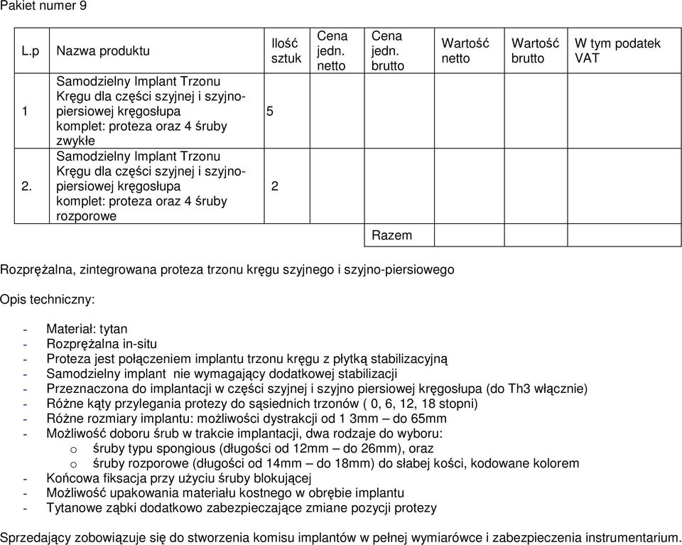 kręgosłupa komplet: proteza oraz 4 śruby rozporowe 5 2 W tym podatek VAT RozpręŜalna, zintegrowana proteza trzonu kręgu szyjnego i szyjno-piersiowego - Materiał: tytan - RozpręŜalna in-situ - Proteza